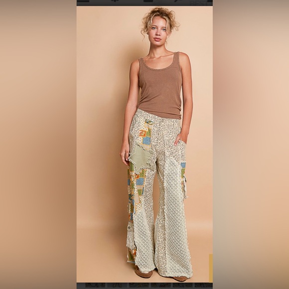 🌸🌼🤎POL NEW Patchwork Wide-Leg Pants - Picture 1 of 14